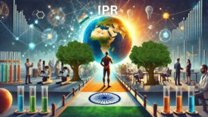 "An illustration symbolizing India's role in global IPR agreements. A figure representing India stands on a bridge labeled 'Global IPR Agreements,' connecting scenes of innovation and global collaboration. The background includes Indian landmarks like the Taj Mahal, Qutub Minar, and India Gate, emphasizing India's cultural and technological presence."