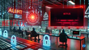 A futuristic post-production studio with large screens displaying generic sci-fi and fantasy scenes. Red digital data streams leak from the screens, symbolizing a cybersecurity breach. In the background, shadowy figures in hoodies sit at laptops with lines of code and warning symbols. A glowing red alert sign hovers above, and binary code flows across the walls. In the foreground, a bright firewall shield glows, representing cybersecurity efforts. The atmosphere is tense, emphasizing digital vulnerability and security.